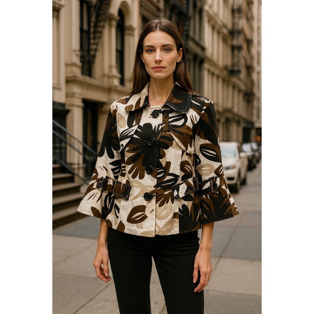 Raffaella‎ Woman 1X Brown Black Floral Print Cropped Jacket 3/4 Flared Sleeves